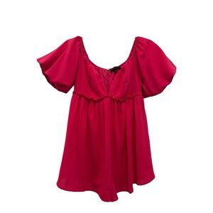 Blue Blush Romper Women Small Pink Puff‎ Sleeves Ruffle Wide Leg Lined Jumpsuit